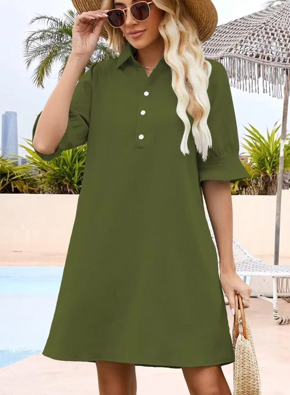 Wkior Women's Casual Shirt Dress Button Down Ruffle Sleeve Shift Summer Mini Dresses with Pockets
