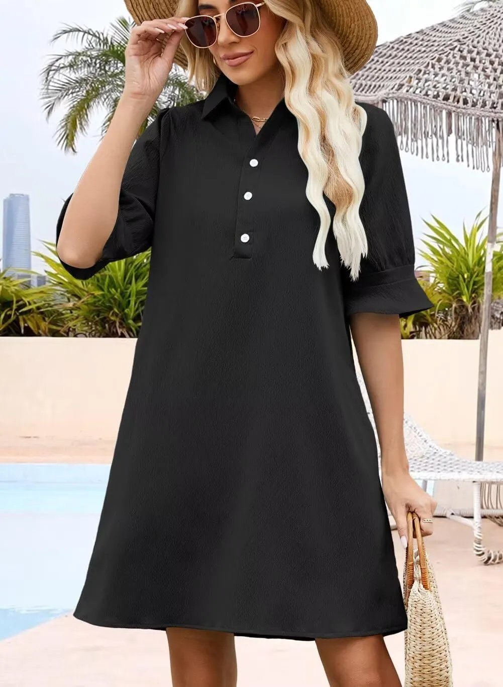 Wkior Women's Casual Shirt Dress Button Down Ruffle Sleeve Shift Summer Mini Dresses with Pockets