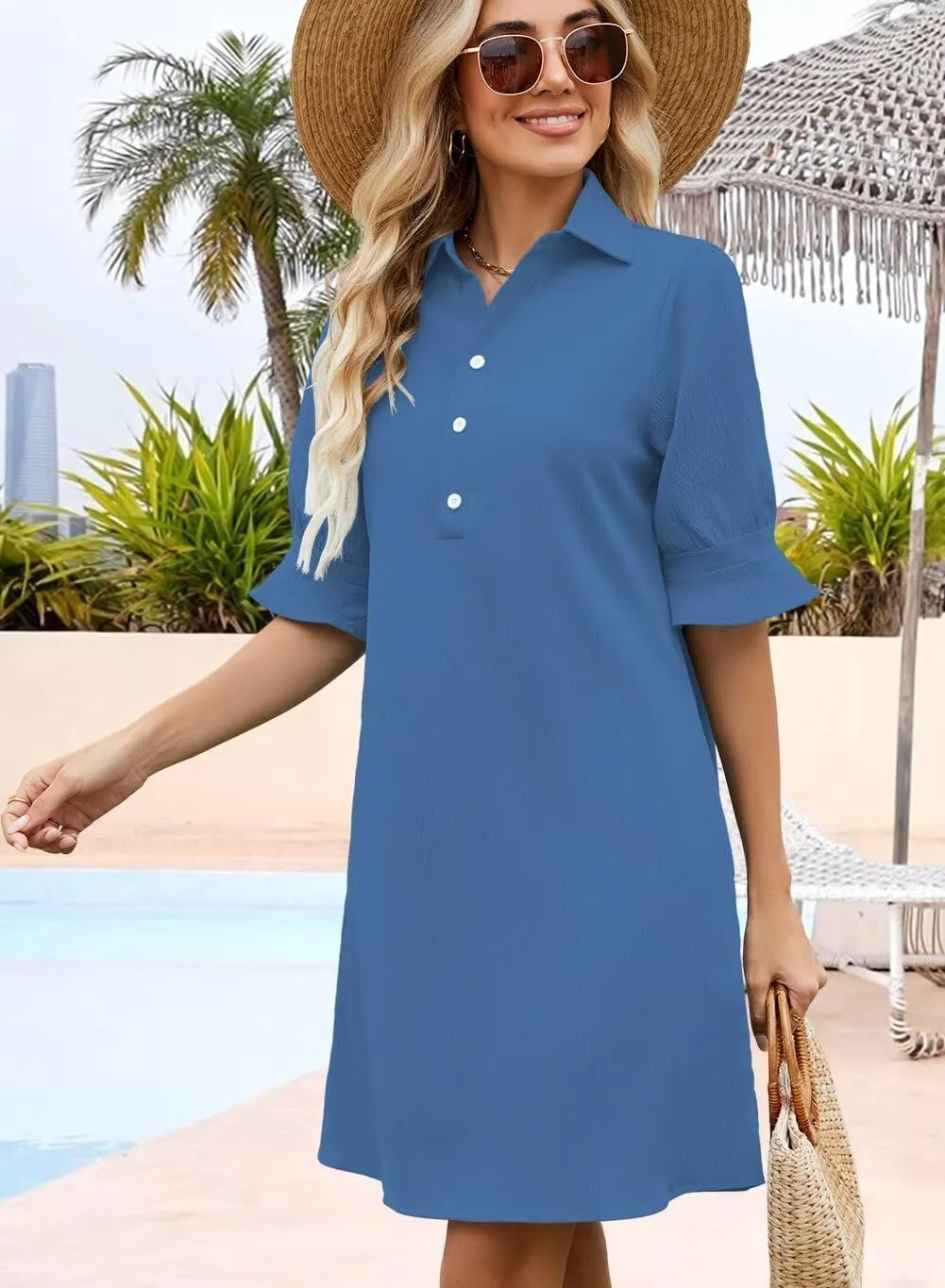 Wkior Women's Casual Shirt Dress Button Down Ruffle Sleeve Shift Summer Mini Dresses with Pockets