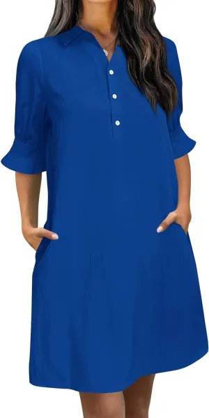 Wkior Women's Casual Shirt Dress Button Down Ruffle Sleeve Shift Summer Mini Dresses with Pockets
