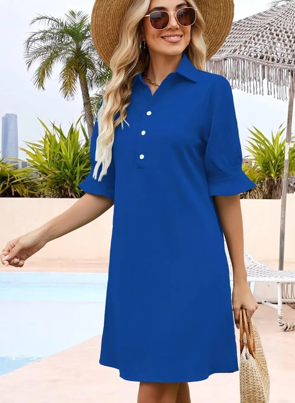 Wkior Women's Casual Shirt Dress Button Down Ruffle Sleeve Shift Summer Mini Dresses with Pockets