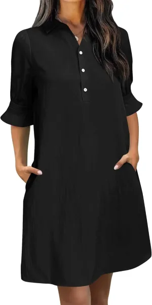 Wkior Women's Casual Shirt Dress Button Down Ruffle Sleeve Shift Summer Mini Dresses with Pockets