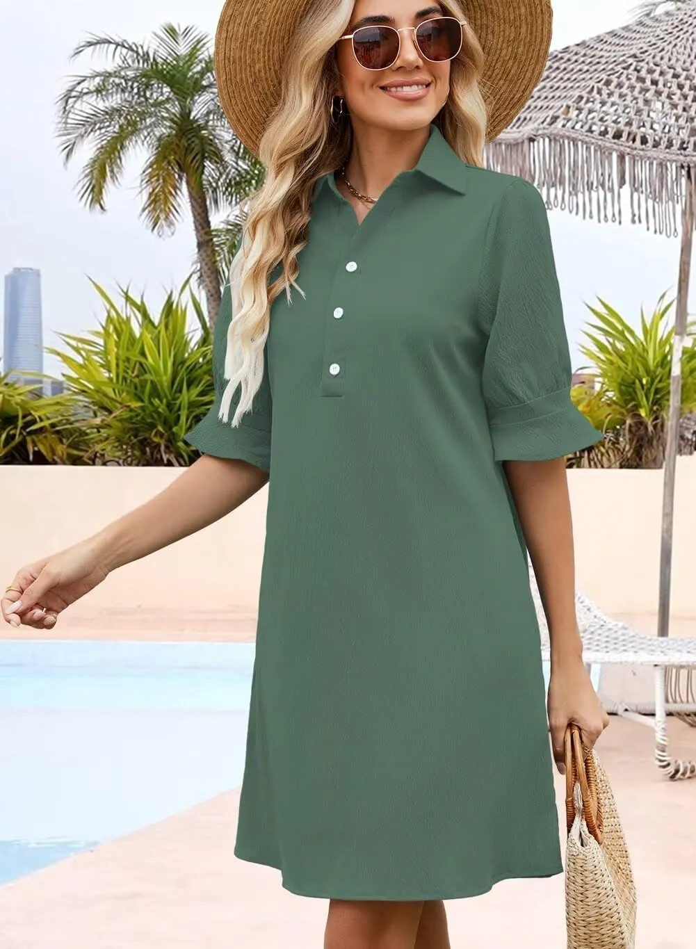 Wkior Women's Casual Shirt Dress Button Down Ruffle Sleeve Shift Summer Mini Dresses with Pockets