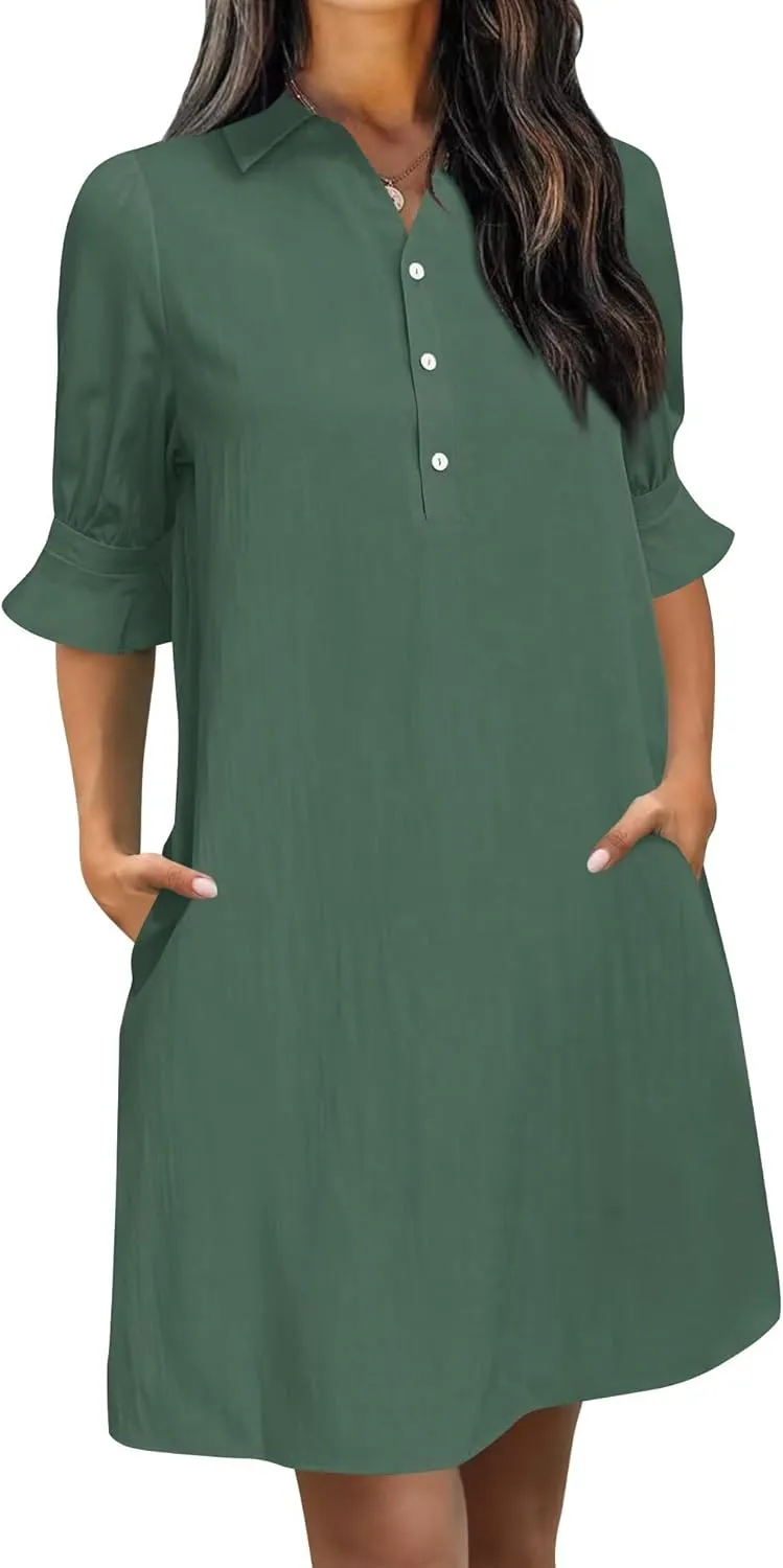 Wkior Women's Casual Shirt Dress Button Down Ruffle Sleeve Shift Summer Mini Dresses with Pockets