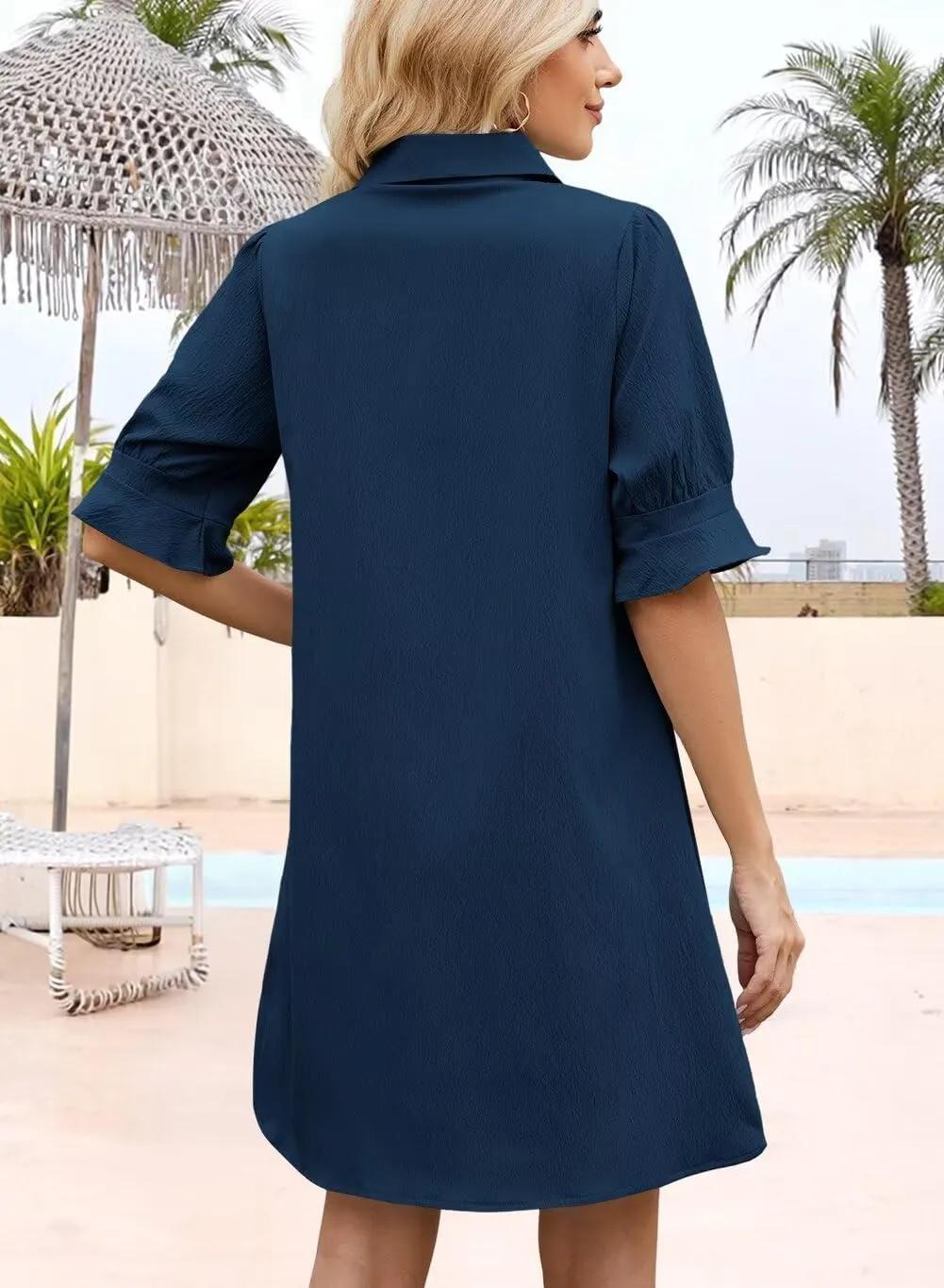 Wkior Women's Casual Shirt Dress Button Down Ruffle Sleeve Shift Summer Mini Dresses with Pockets