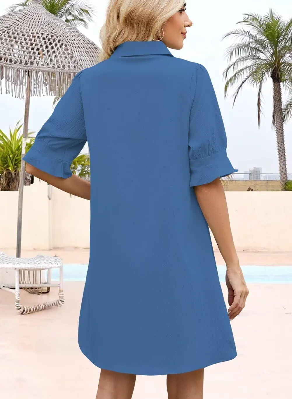 Wkior Women's Casual Shirt Dress Button Down Ruffle Sleeve Shift Summer Mini Dresses with Pockets