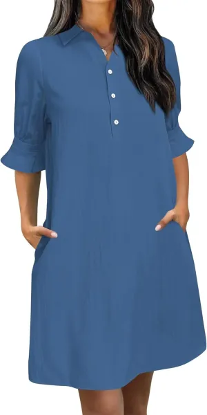 Wkior Women's Casual Shirt Dress Button Down Ruffle Sleeve Shift Summer Mini Dresses with Pockets