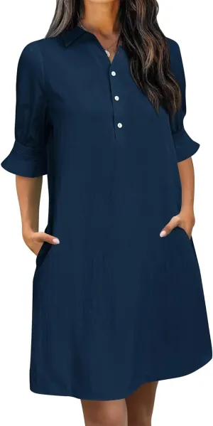 Wkior Women's Casual Shirt Dress Button Down Ruffle Sleeve Shift Summer Mini Dresses with Pockets