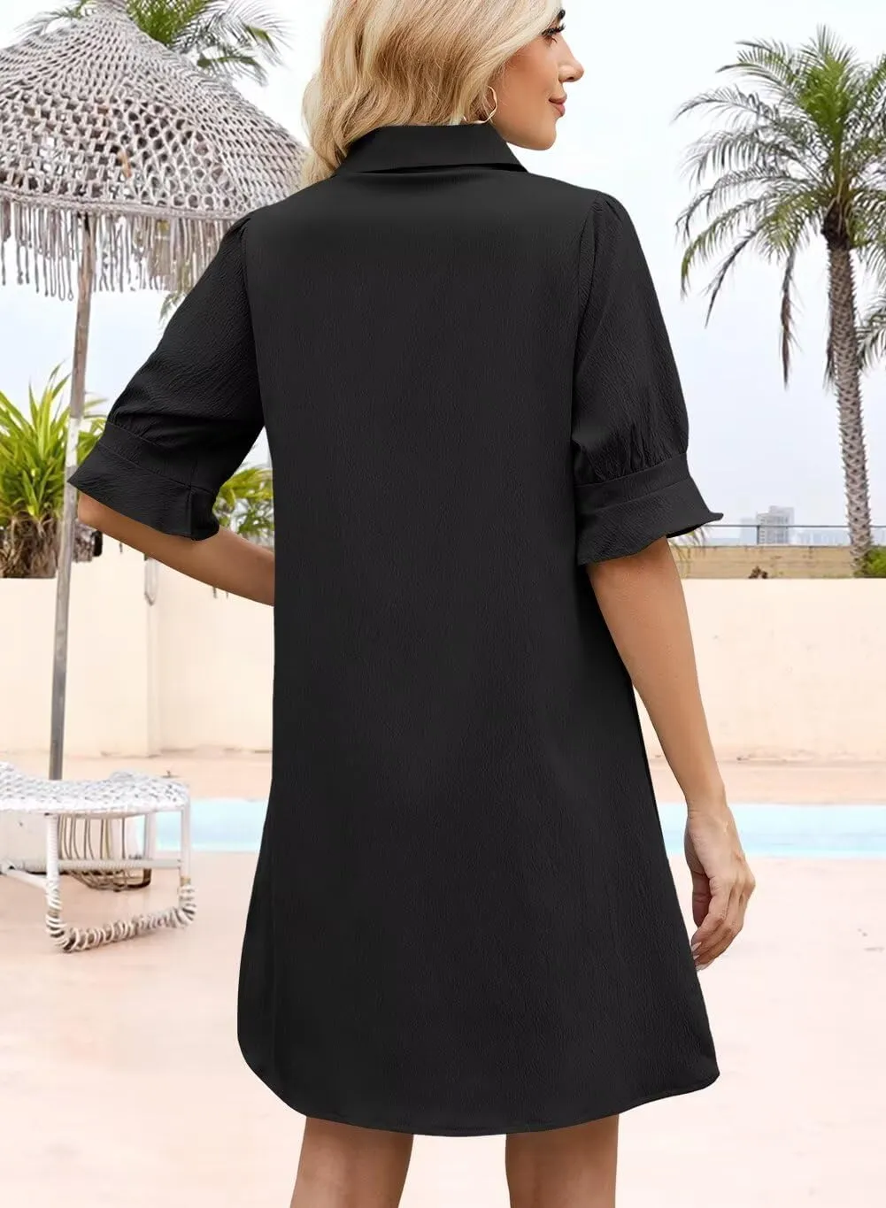 Wkior Women's Casual Shirt Dress Button Down Ruffle Sleeve Shift Summer Mini Dresses with Pockets