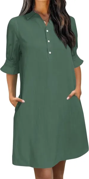 Wkior Women's Casual Shirt Dress Button Down Ruffle Sleeve Shift Summer Mini Dresses with Pockets