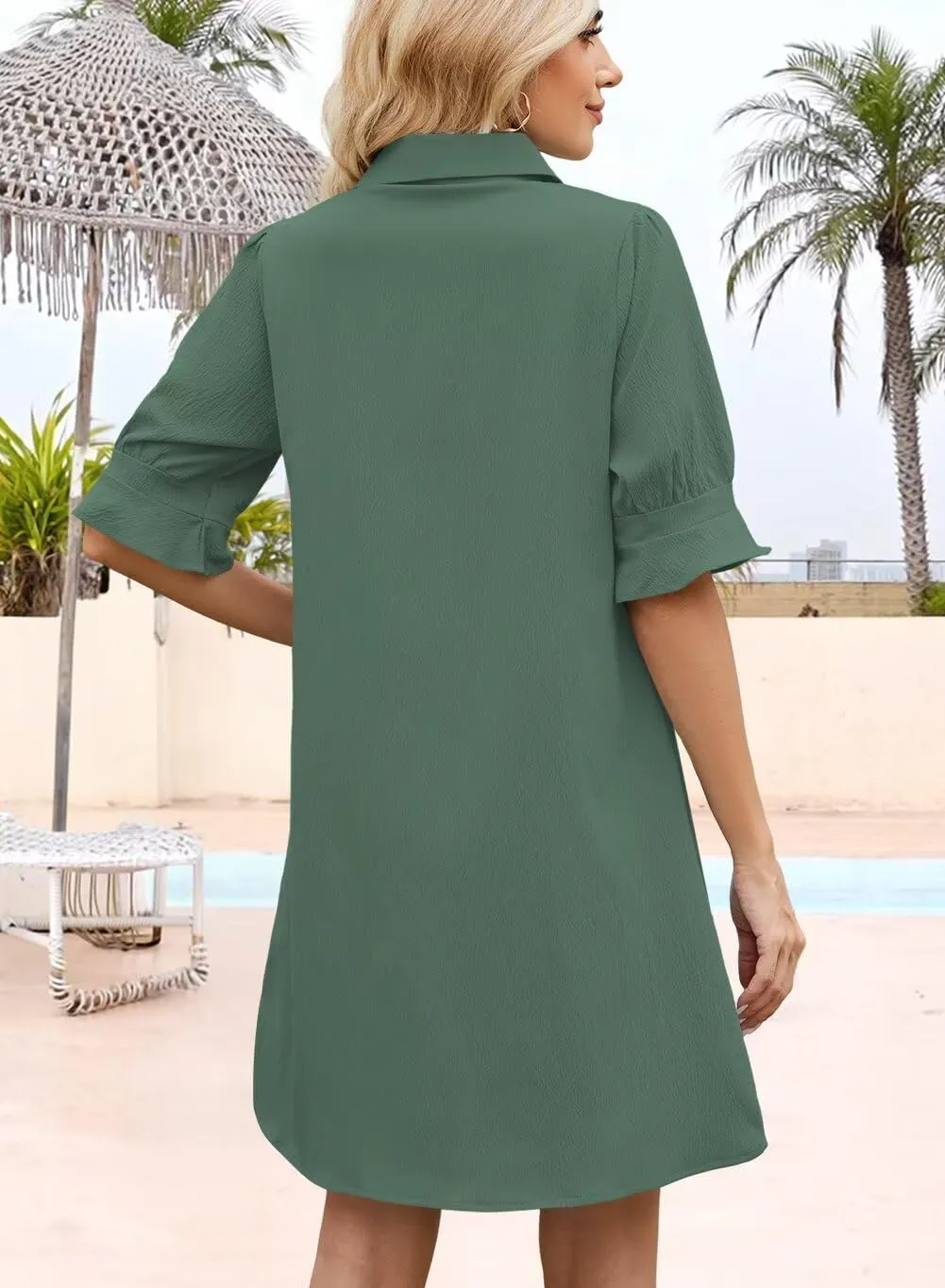 Wkior Women's Casual Shirt Dress Button Down Ruffle Sleeve Shift Summer Mini Dresses with Pockets