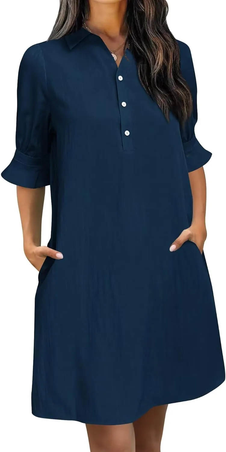 Wkior Women's Casual Shirt Dress Button Down Ruffle Sleeve Shift Summer Mini Dresses with Pockets