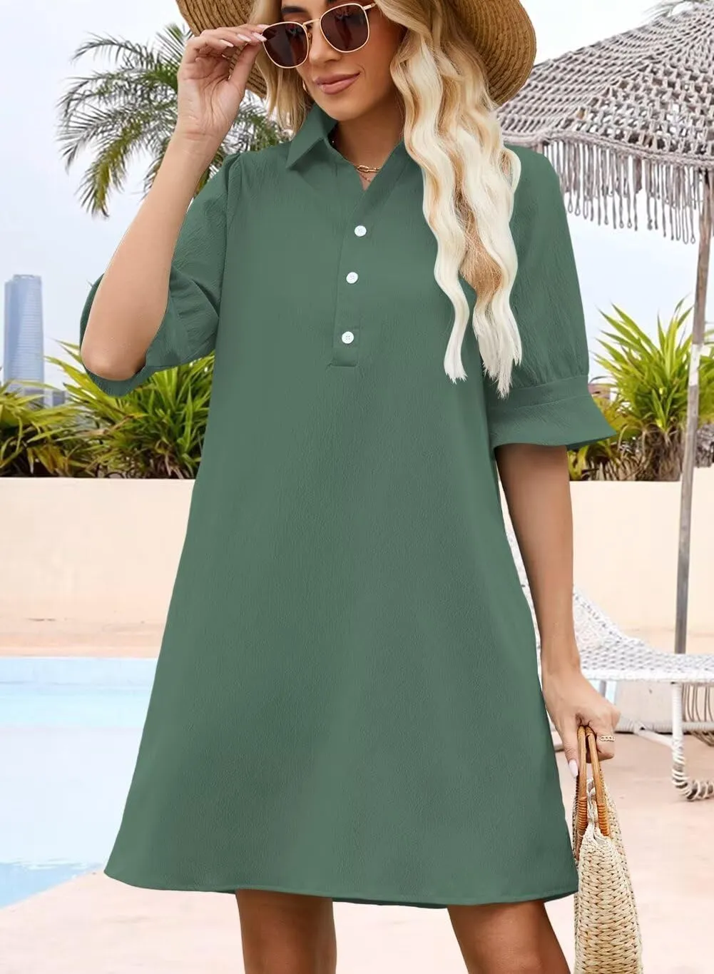 Wkior Women's Casual Shirt Dress Button Down Ruffle Sleeve Shift Summer Mini Dresses with Pockets