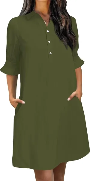 Wkior Women's Casual Shirt Dress Button Down Ruffle Sleeve Shift Summer Mini Dresses with Pockets
