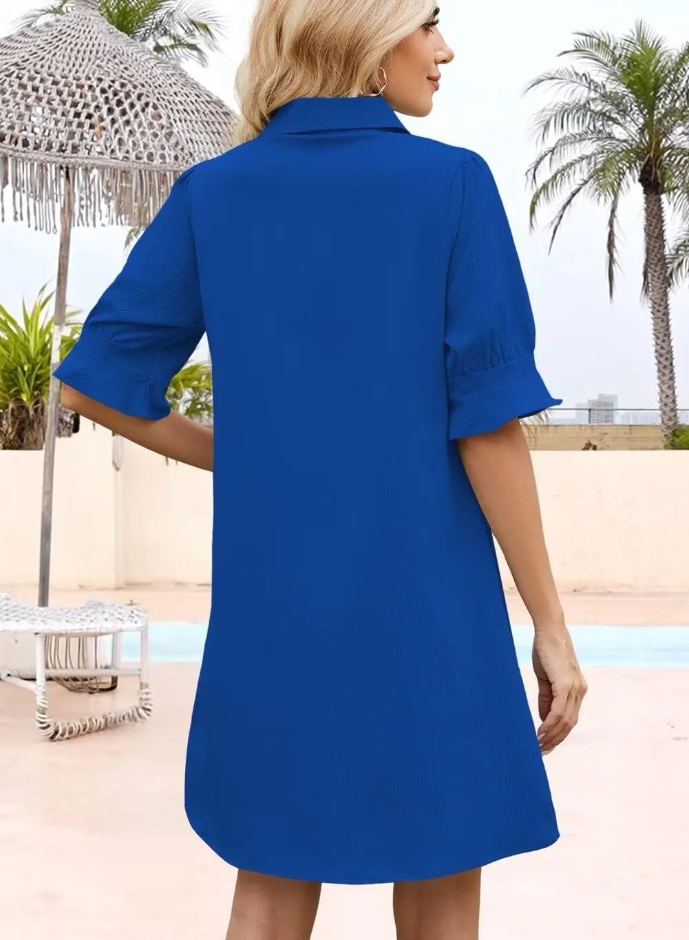 Wkior Women's Casual Shirt Dress Button Down Ruffle Sleeve Shift Summer Mini Dresses with Pockets
