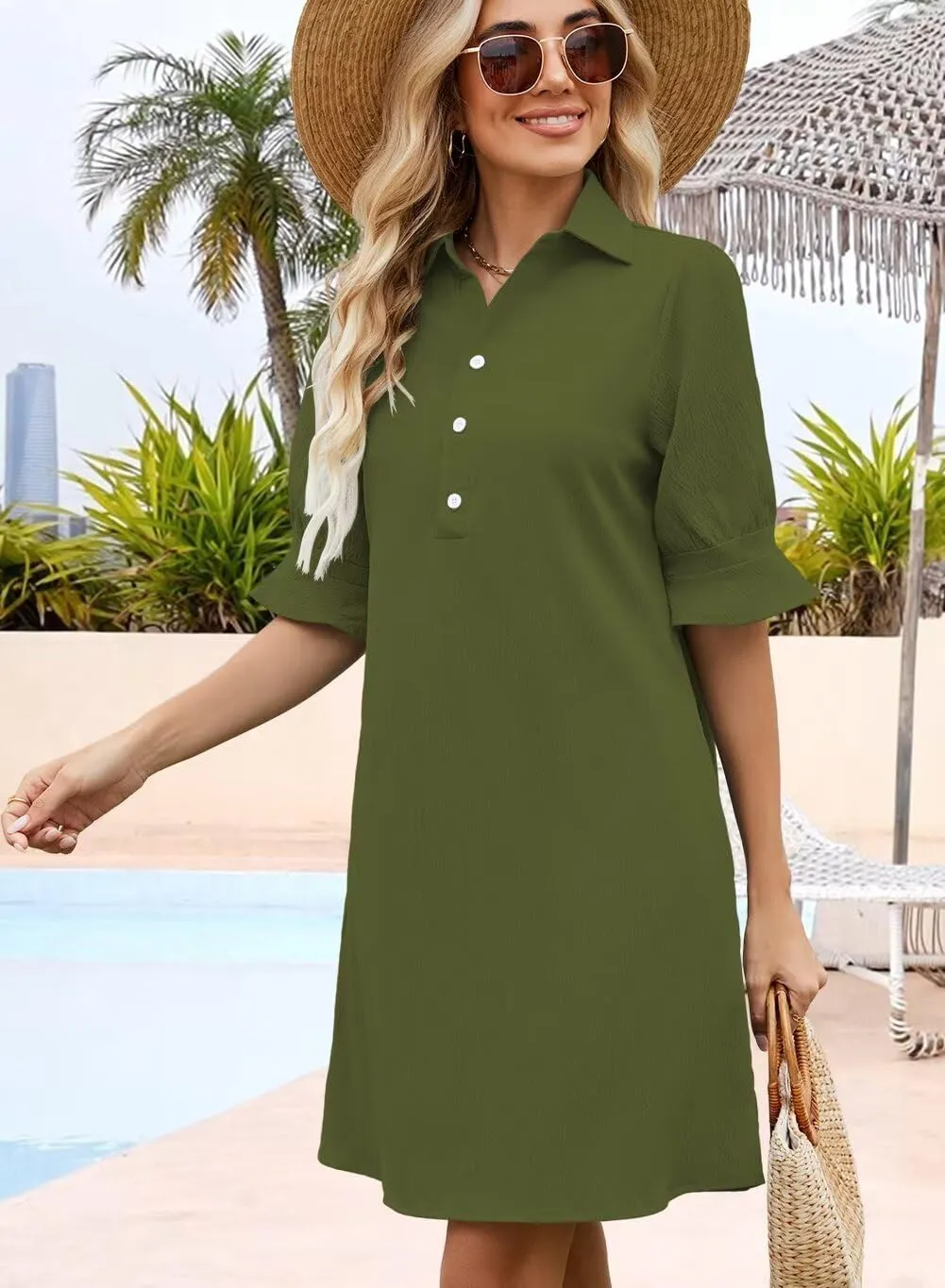 Wkior Women's Casual Shirt Dress Button Down Ruffle Sleeve Shift Summer Mini Dresses with Pockets