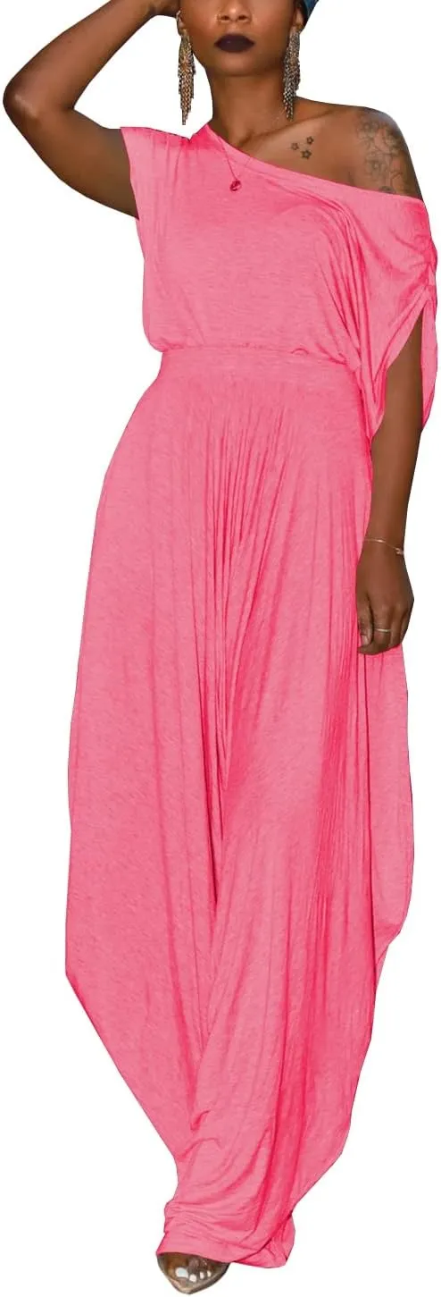 WOKANSE Womens 2 Piece Outfits Solid Short Sleeve Off One Shoulder Pullover Top and Loose Harem Pants Set Tracksuits
