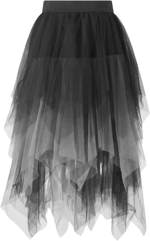 Women A Line Tulle Skirts High Waist Irregular Ruffle Layered Fashion Midi Skirt Party Evening Mesh Long Skirt