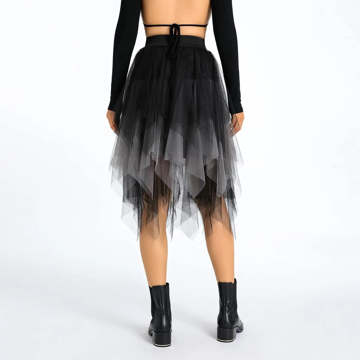Women A Line Tulle Skirts High Waist Irregular Ruffle Layered Fashion Midi Skirt Party Evening Mesh Long Skirt