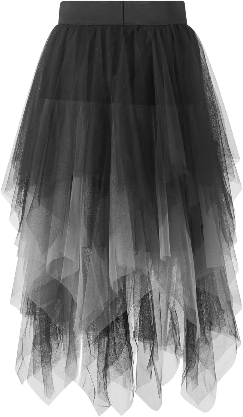 Women A Line Tulle Skirts High Waist Irregular Ruffle Layered Fashion Midi Skirt Party Evening Mesh Long Skirt