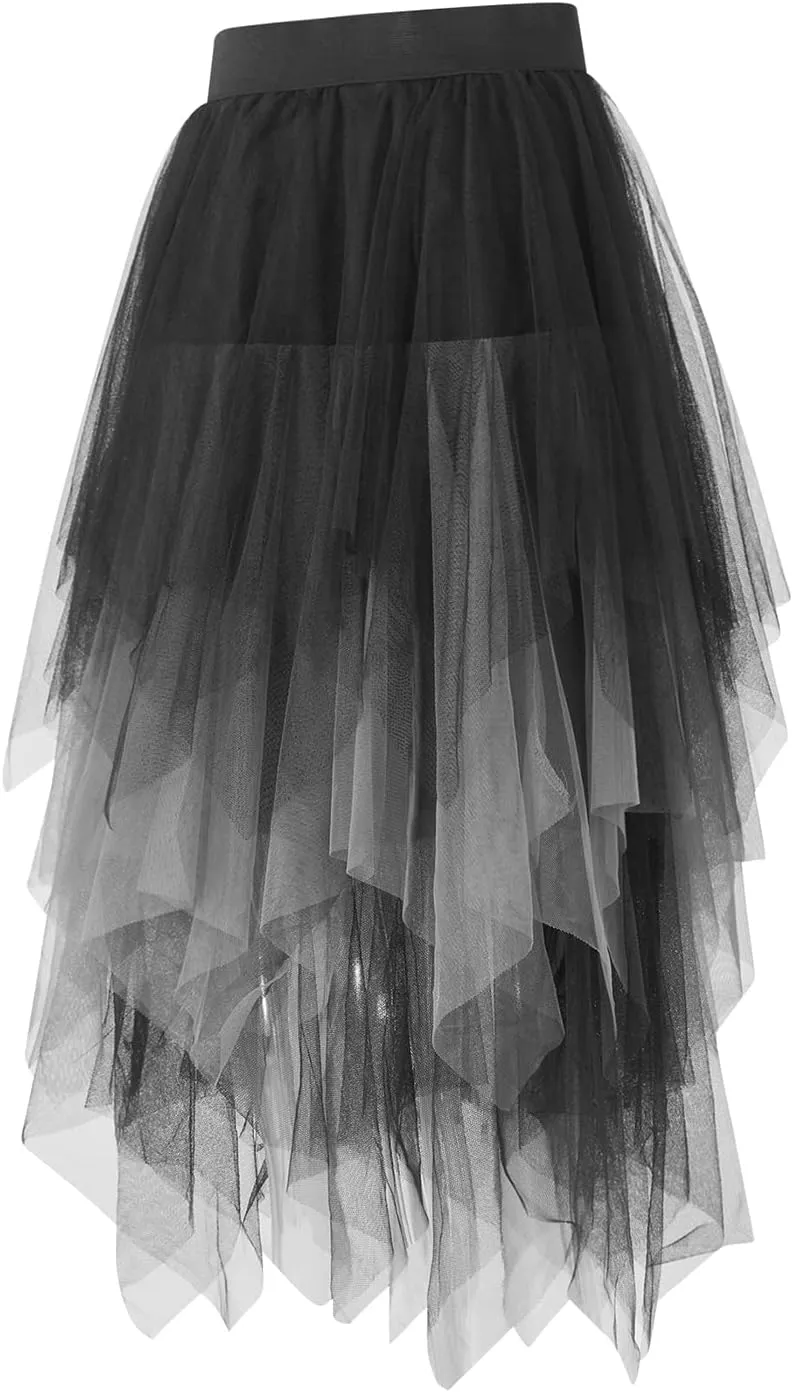 Women A Line Tulle Skirts High Waist Irregular Ruffle Layered Fashion Midi Skirt Party Evening Mesh Long Skirt