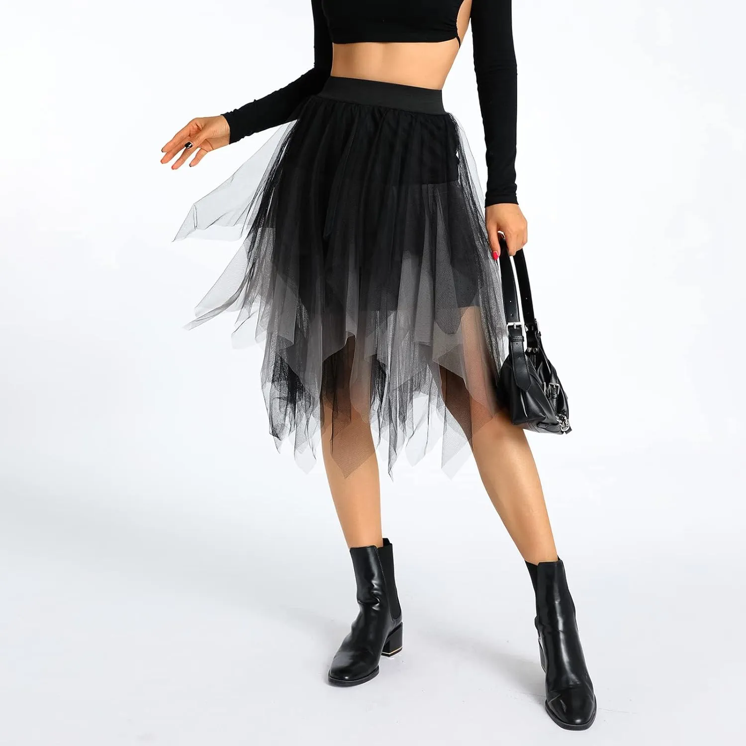 Women A Line Tulle Skirts High Waist Irregular Ruffle Layered Fashion Midi Skirt Party Evening Mesh Long Skirt