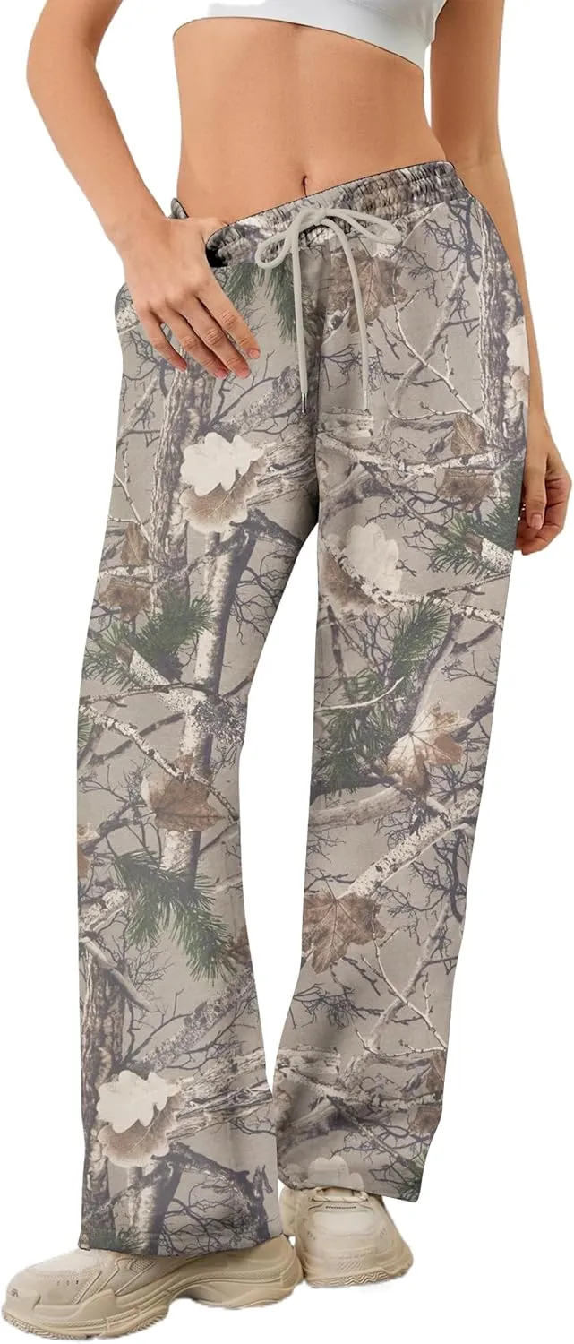 Women Baggy Camo Pants Wide Leg High Waist Drawstring Camouflage Sweatpants Fleece Jogger Pants with Pockets
