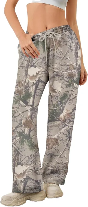 Women Baggy Camo Pants Wide Leg High Waist Drawstring Camouflage Sweatpants Fleece Jogger Pants with Pockets