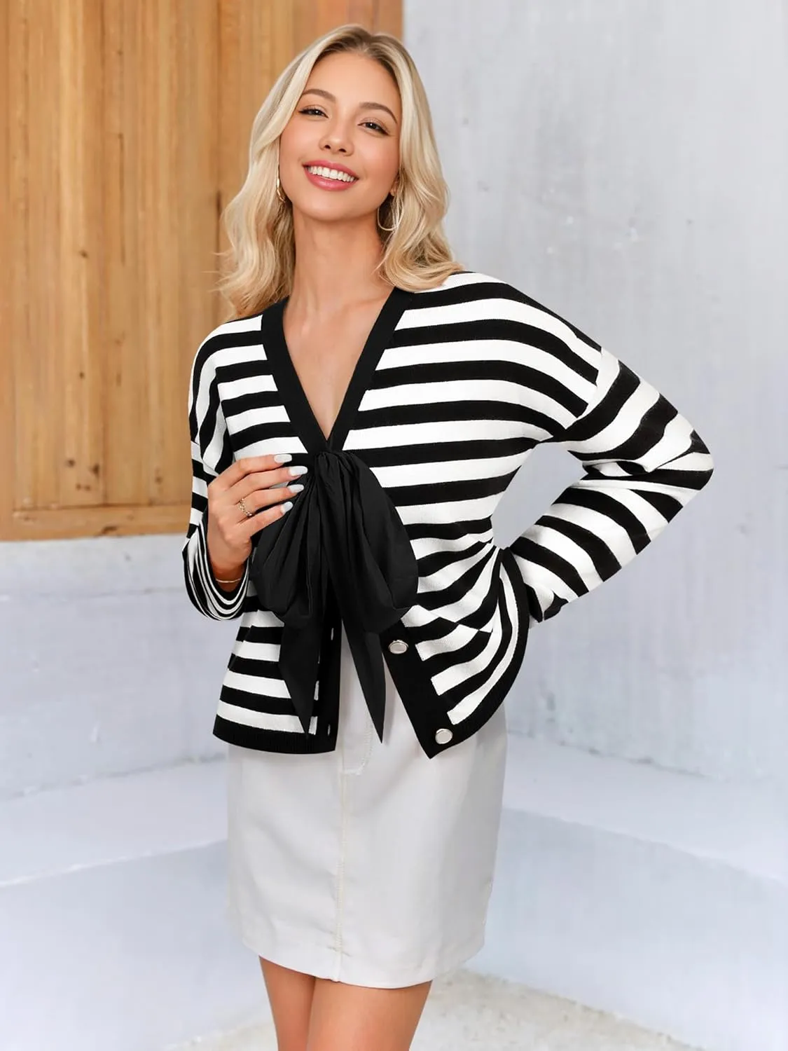 Women Black Bow Sweater Cardigan Tie Front Preppy Cropped Color Block Knit Long Sleeves V Neck Colorblocked Cardigans