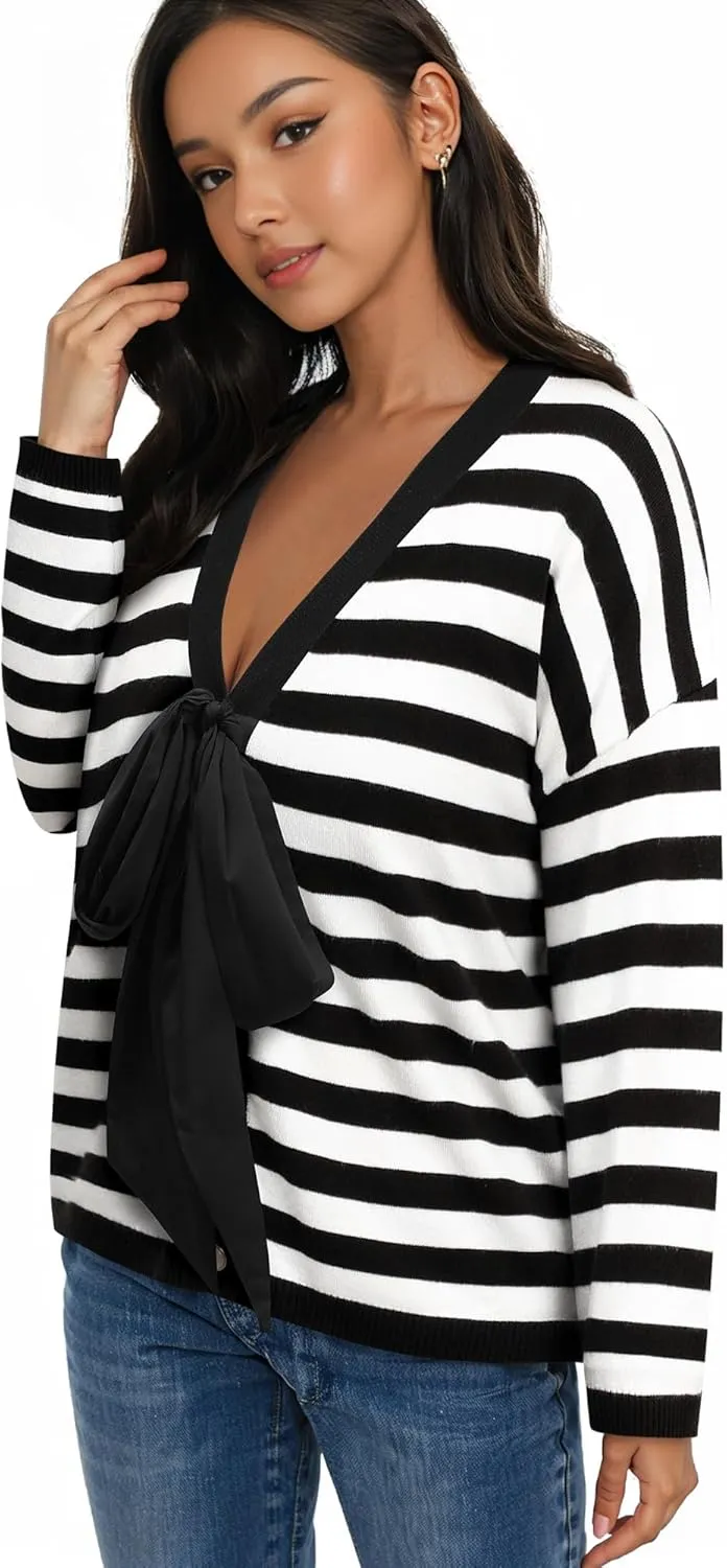 Women Black Bow Sweater Cardigan Tie Front Preppy Cropped Color Block Knit Long Sleeves V Neck Colorblocked Cardigans