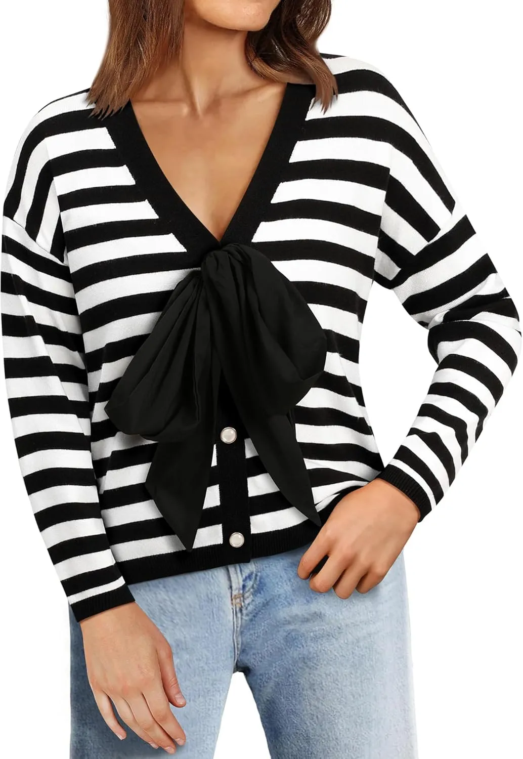 Women Black Bow Sweater Cardigan Tie Front Preppy Cropped Color Block Knit Long Sleeves V Neck Colorblocked Cardigans