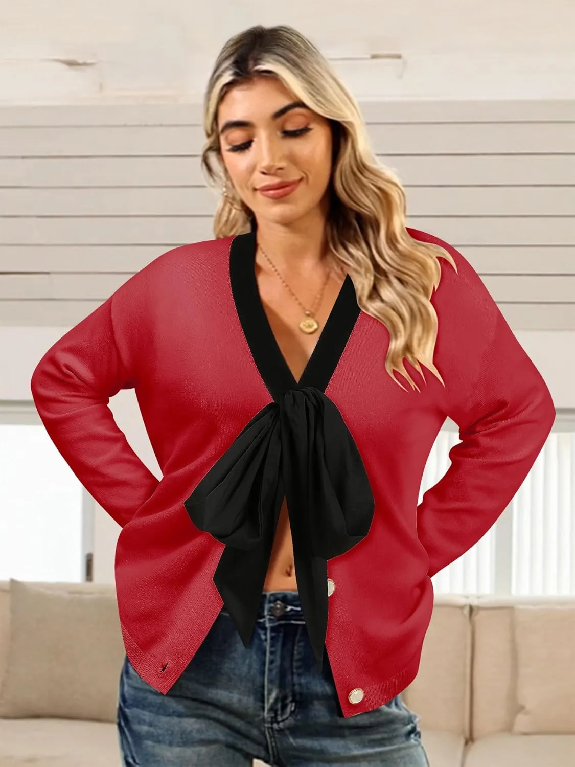 Women Black Bow Sweater Cardigan Tie Front Preppy Cropped Color Block Knit Long Sleeves V Neck Colorblocked Cardigans