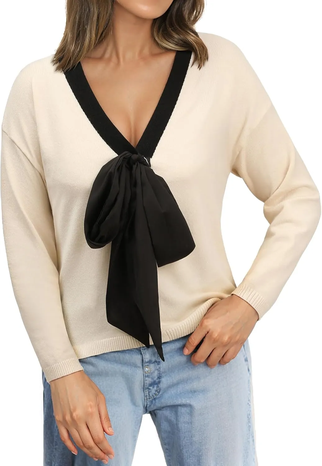 Women Black Bow Sweater Cardigan Tie Front Preppy Cropped Color Block Knit Long Sleeves V Neck Colorblocked Cardigans