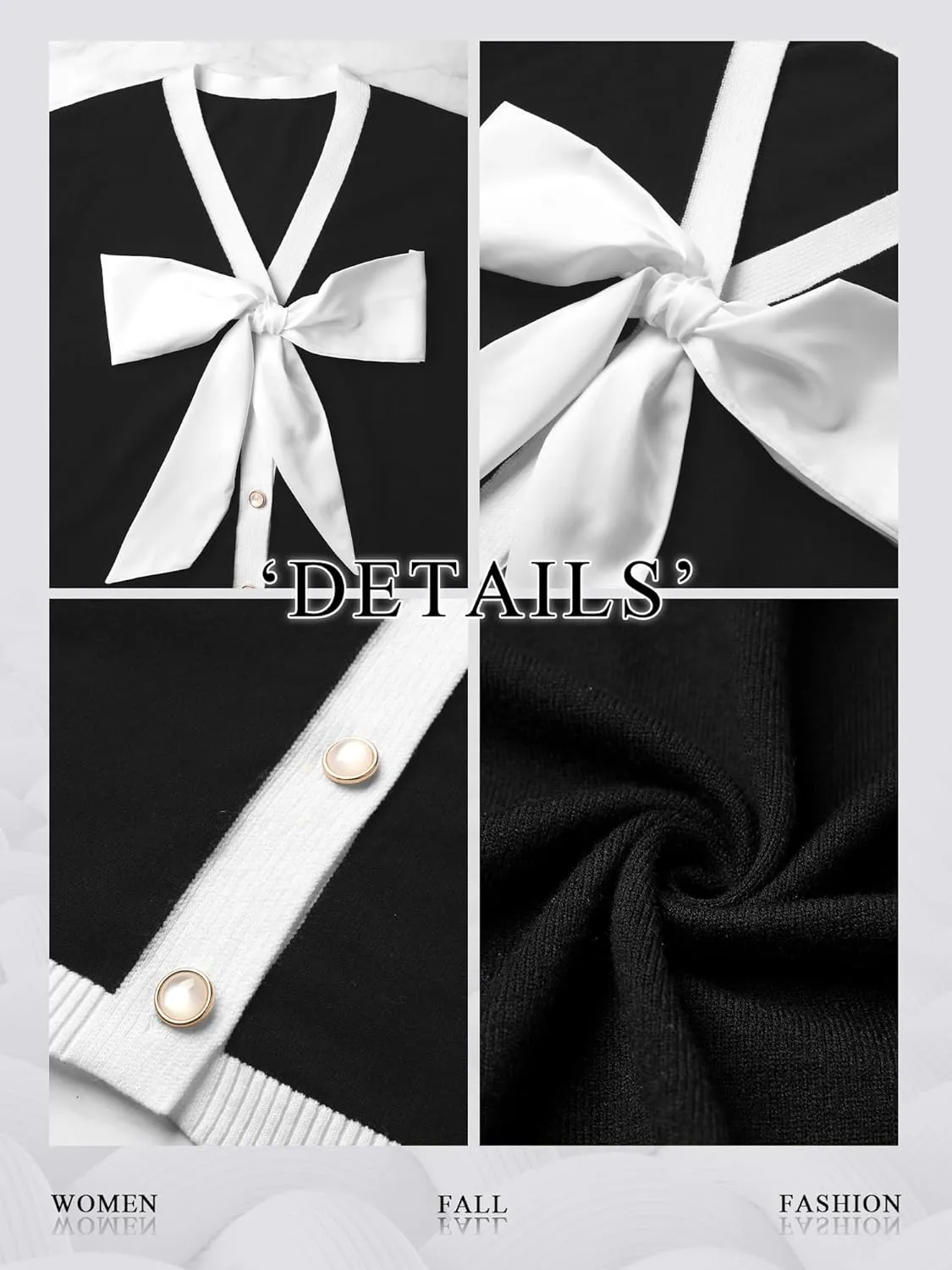 Women Black Bow Sweater Cardigan Tie Front Preppy Cropped Color Block Knit Long Sleeves V Neck Colorblocked Cardigans