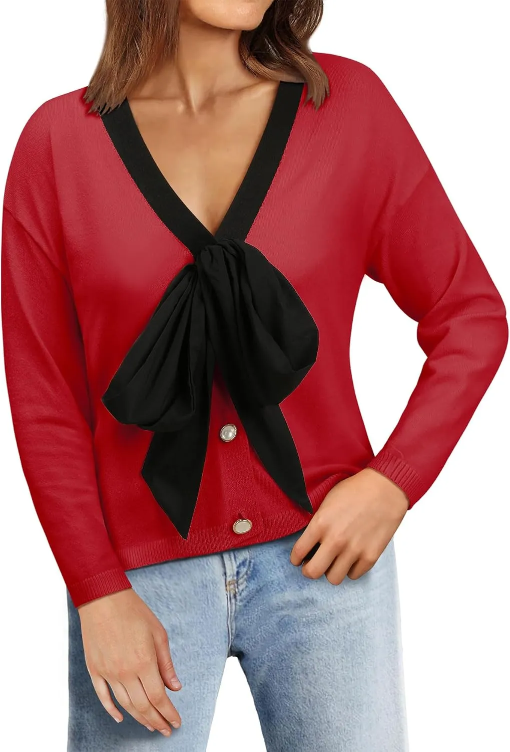 Women Black Bow Sweater Cardigan Tie Front Preppy Cropped Color Block Knit Long Sleeves V Neck Colorblocked Cardigans