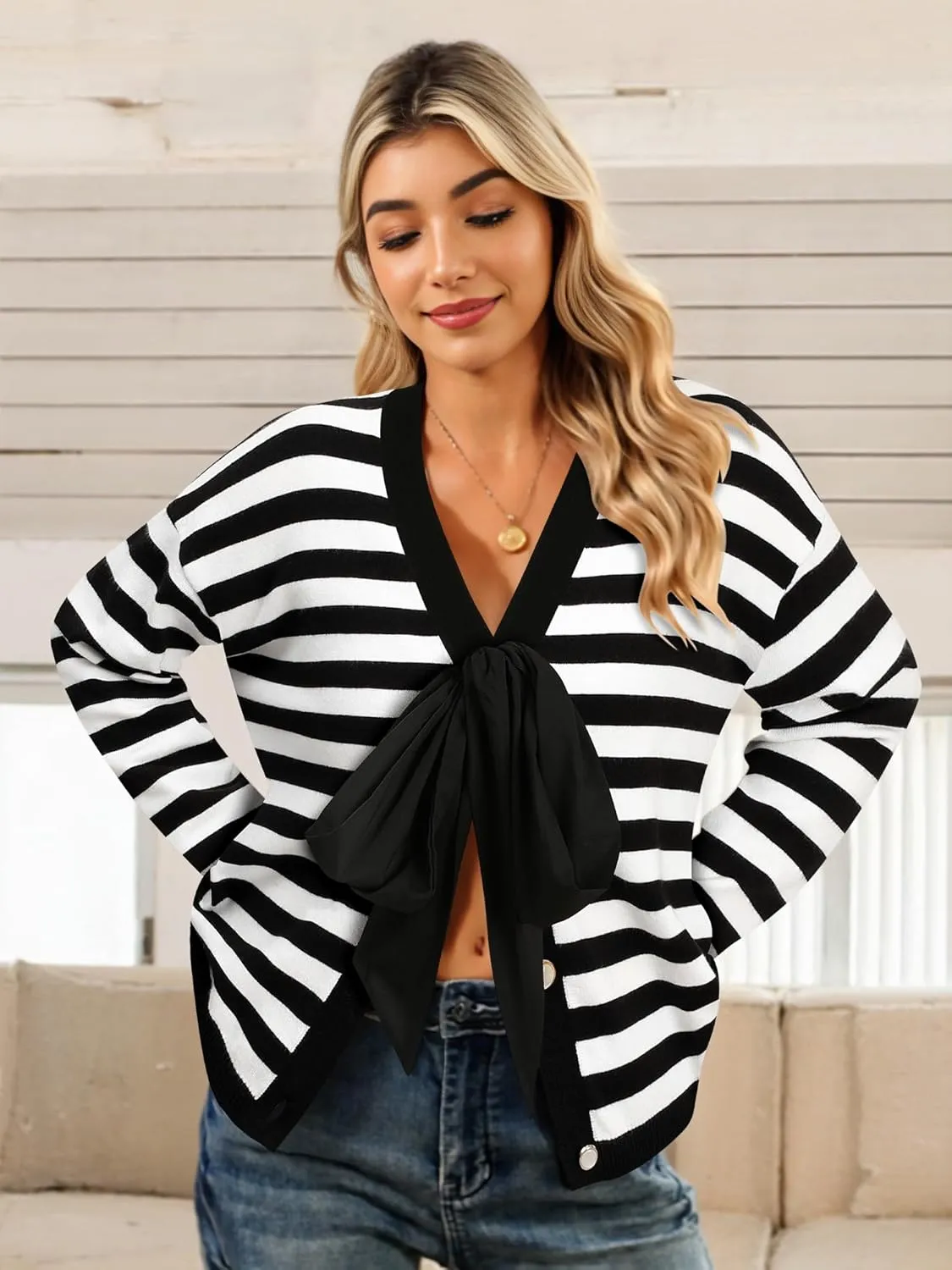 Women Black Bow Sweater Cardigan Tie Front Preppy Cropped Color Block Knit Long Sleeves V Neck Colorblocked Cardigans
