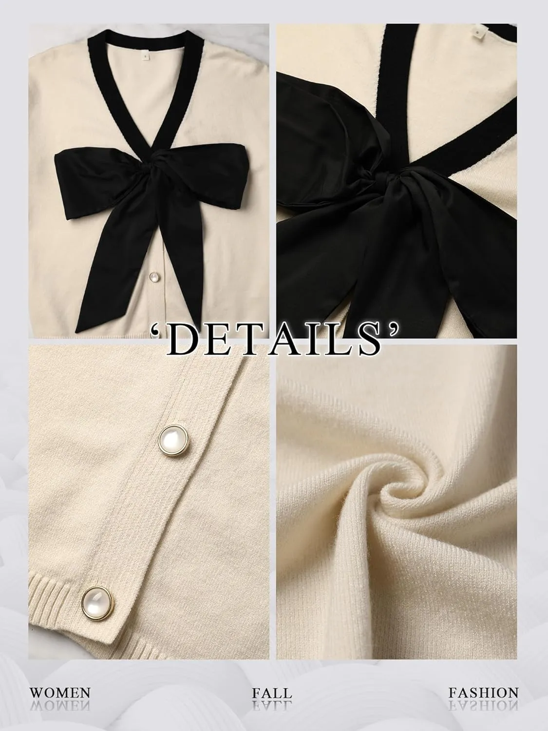 Women Black Bow Sweater Cardigan Tie Front Preppy Cropped Color Block Knit Long Sleeves V Neck Colorblocked Cardigans