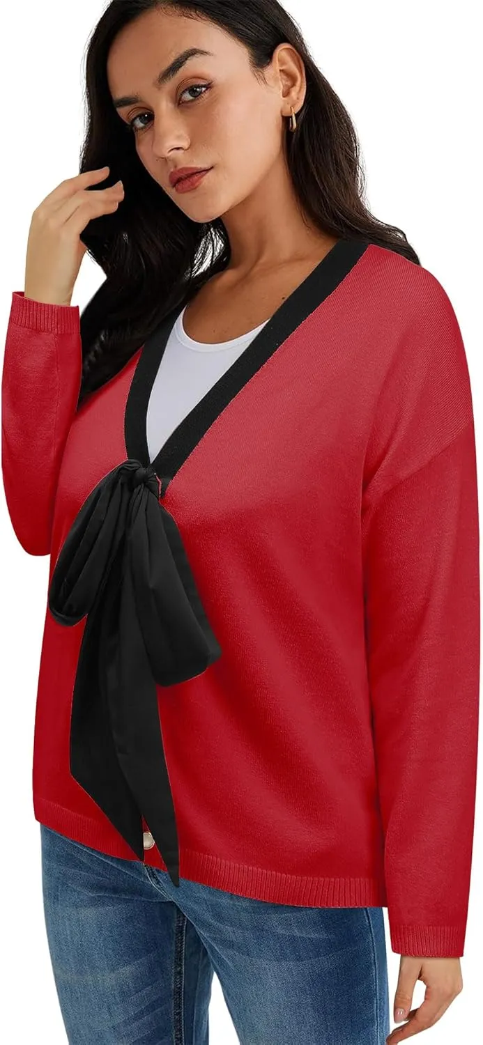 Women Black Bow Sweater Cardigan Tie Front Preppy Cropped Color Block Knit Long Sleeves V Neck Colorblocked Cardigans