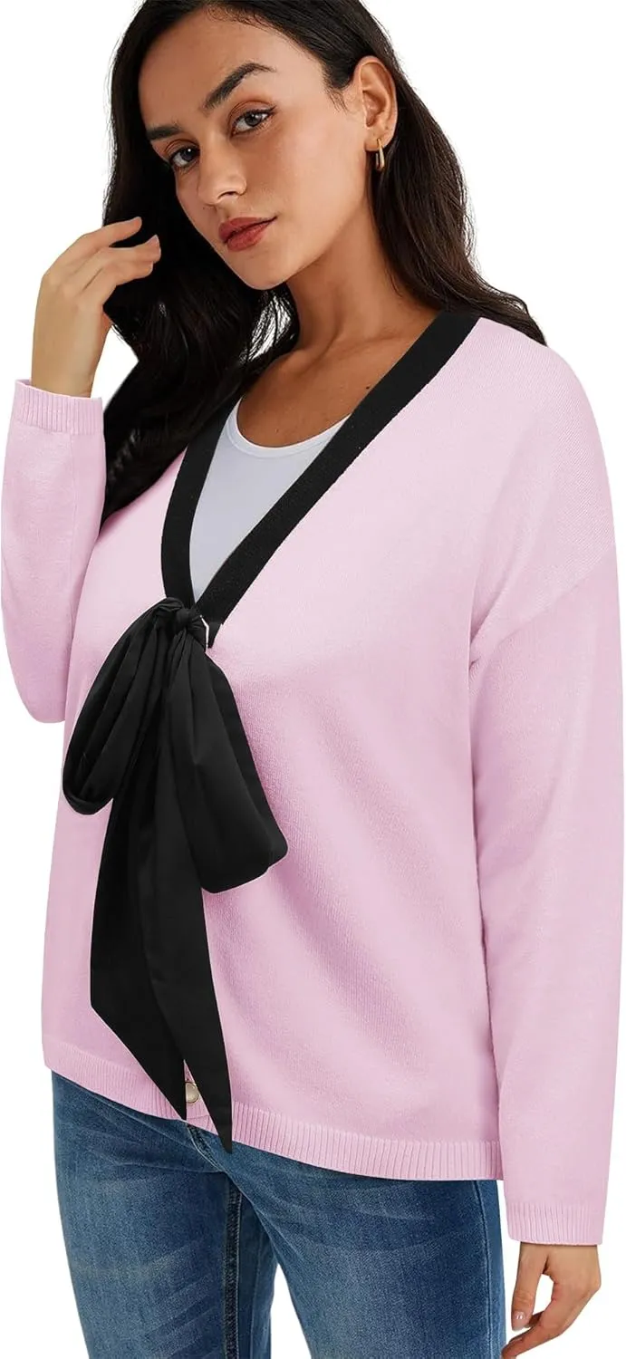 Women Black Bow Sweater Cardigan Tie Front Preppy Cropped Color Block Knit Long Sleeves V Neck Colorblocked Cardigans