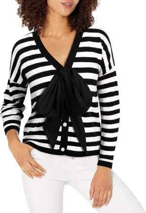 Women Black Bow Sweater Cardigan Tie Front Preppy Cropped Color Block Knit Long Sleeves V Neck Colorblocked Cardigans