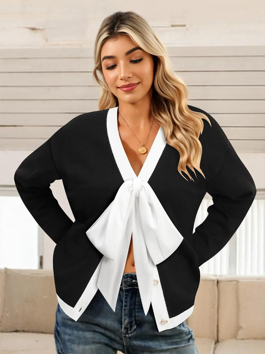 Women Black Bow Sweater Cardigan Tie Front Preppy Cropped Color Block Knit Long Sleeves V Neck Colorblocked Cardigans