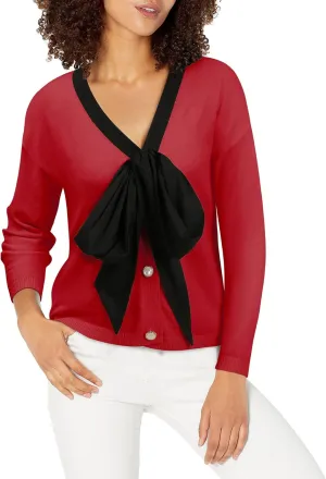 Women Black Bow Sweater Cardigan Tie Front Preppy Cropped Color Block Knit Long Sleeves V Neck Colorblocked Cardigans
