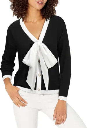 Women Black Bow Sweater Cardigan Tie Front Preppy Cropped Color Block Knit Long Sleeves V Neck Colorblocked Cardigans