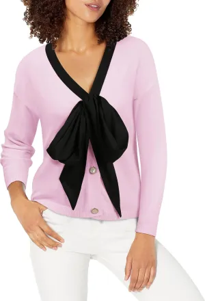 Women Black Bow Sweater Cardigan Tie Front Preppy Cropped Color Block Knit Long Sleeves V Neck Colorblocked Cardigans