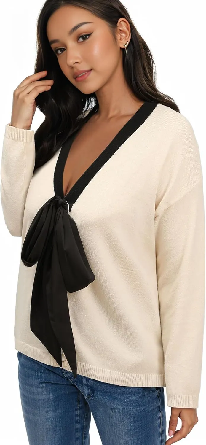 Women Black Bow Sweater Cardigan Tie Front Preppy Cropped Color Block Knit Long Sleeves V Neck Colorblocked Cardigans