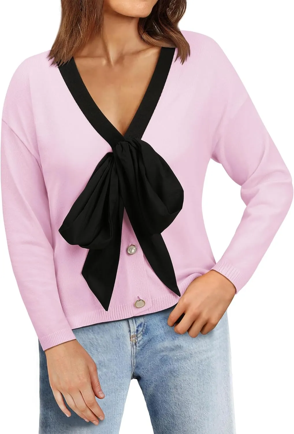 Women Black Bow Sweater Cardigan Tie Front Preppy Cropped Color Block Knit Long Sleeves V Neck Colorblocked Cardigans