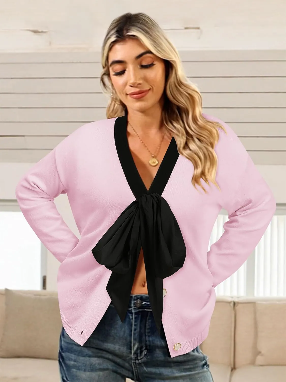 Women Black Bow Sweater Cardigan Tie Front Preppy Cropped Color Block Knit Long Sleeves V Neck Colorblocked Cardigans