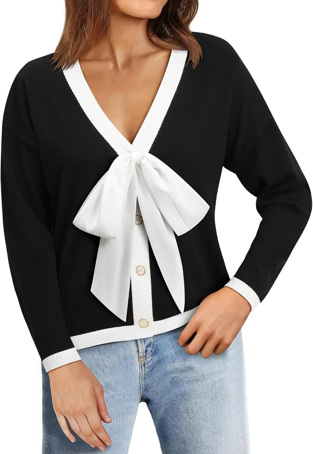 Women Black Bow Sweater Cardigan Tie Front Preppy Cropped Color Block Knit Long Sleeves V Neck Colorblocked Cardigans