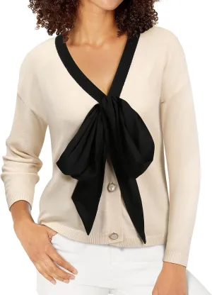 Women Black Bow Sweater Cardigan Tie Front Preppy Cropped Color Block Knit Long Sleeves V Neck Colorblocked Cardigans
