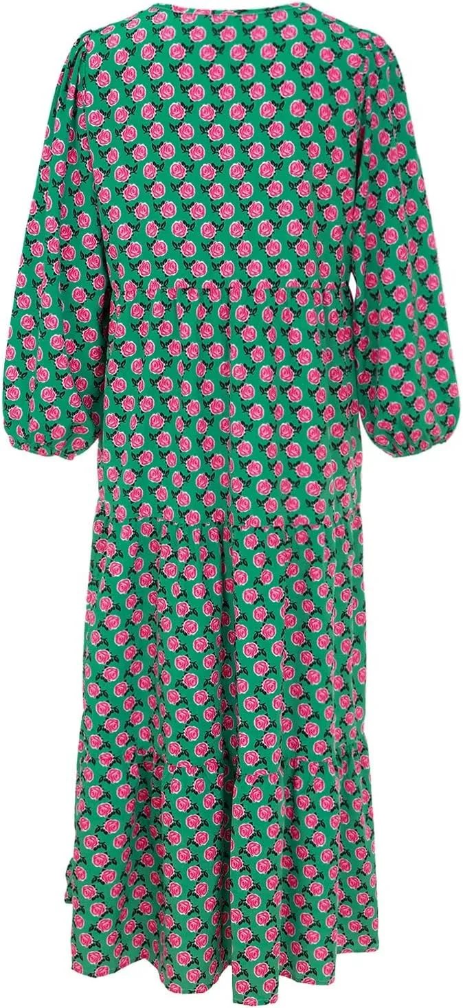 Women Casual Summer Dresses 2025 Spring Crew Neck Ruffle Short Sleeve Floral Print Smocked Boho Flowy Maxi Dress